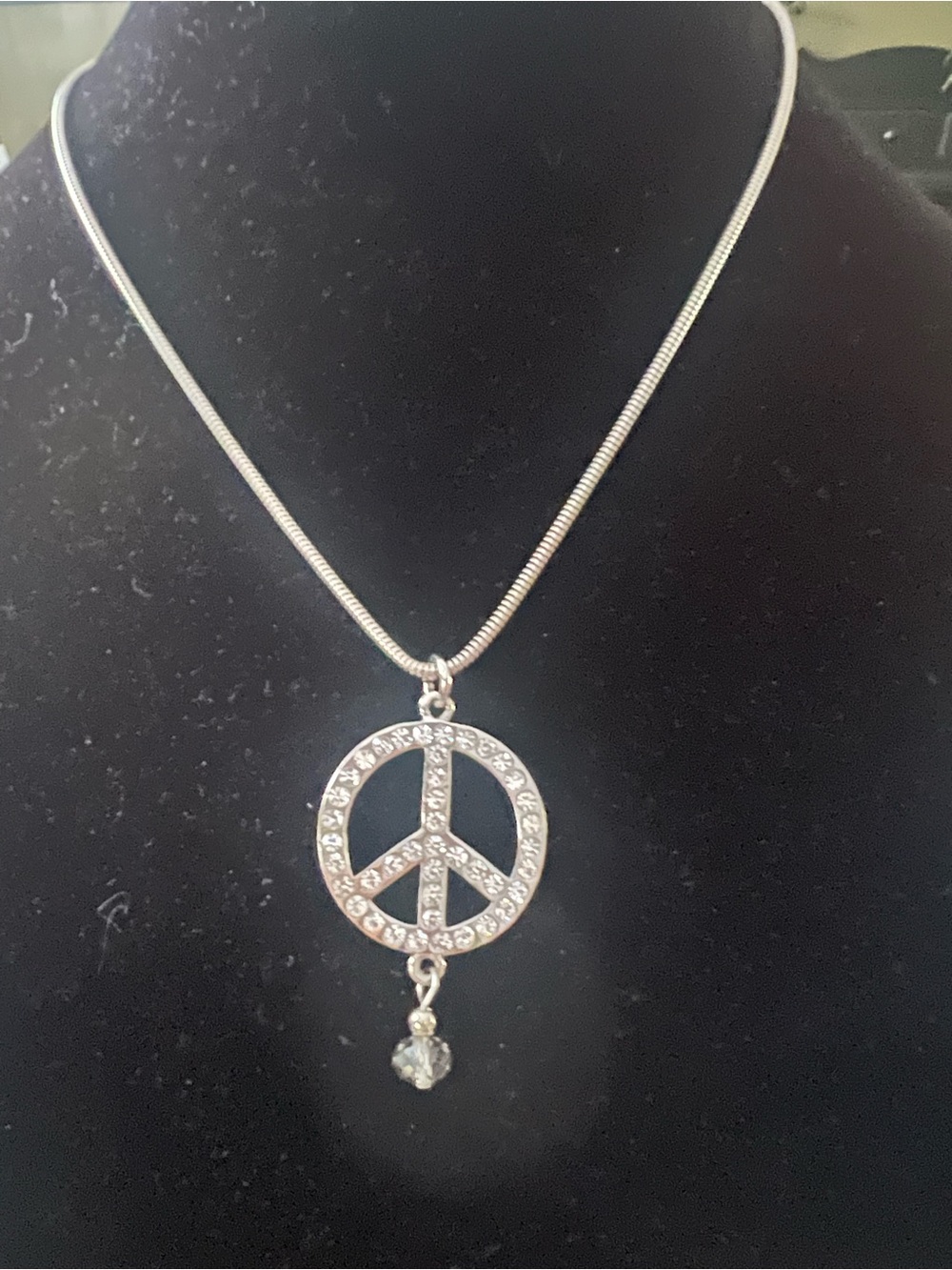 Rhinestone Peace Sign Pendant Necklace in Silver - Picture 2 of 2